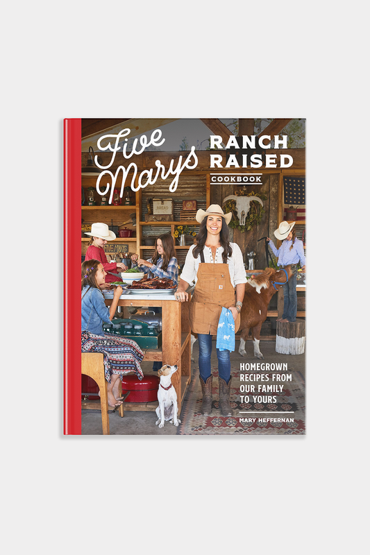 Book cover of 'Five Marys Ranch Raised' with a rustic farm scene on a white background