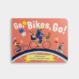 Children's book titled 'Go, Bikes, Go!' with illustrations of children on bicycles on a white background.