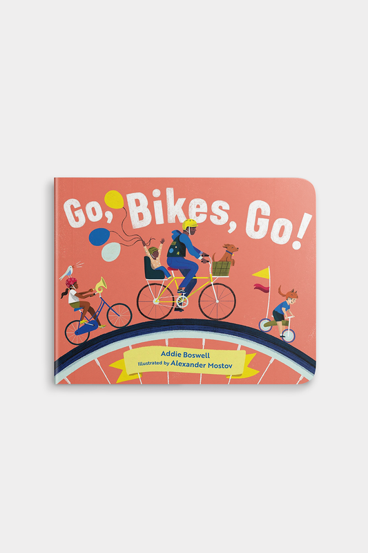 Children's book titled 'Go, Bikes, Go!' with illustrations of children on bicycles on a white background.