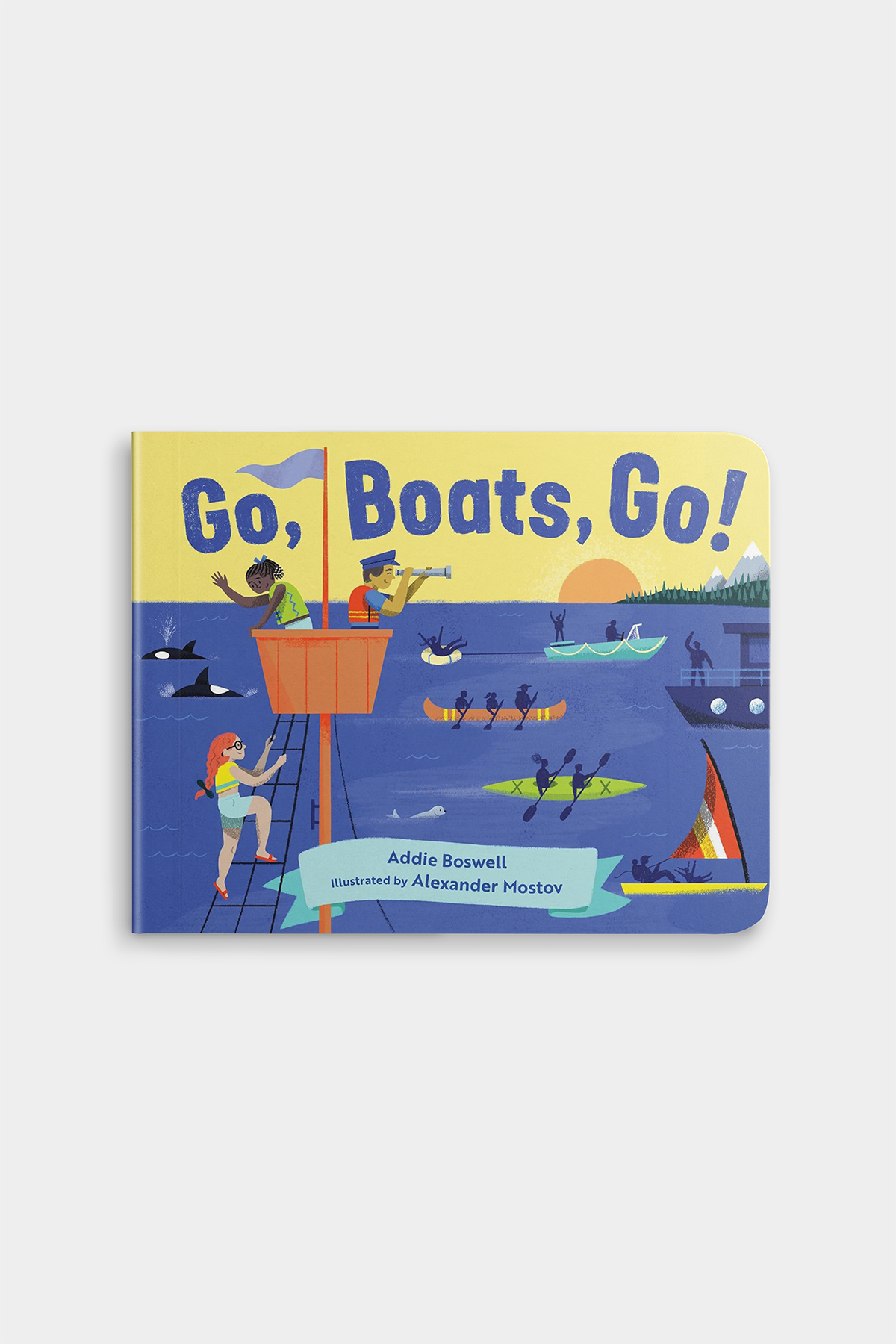 Children's book titled 'Go, Boats, Go!' with colorful illustrations on a white background