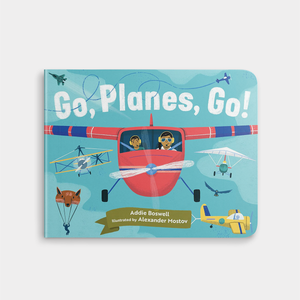 Children's book titled 'Go, Planes, Go!' with airplane illustrations on a blue background
