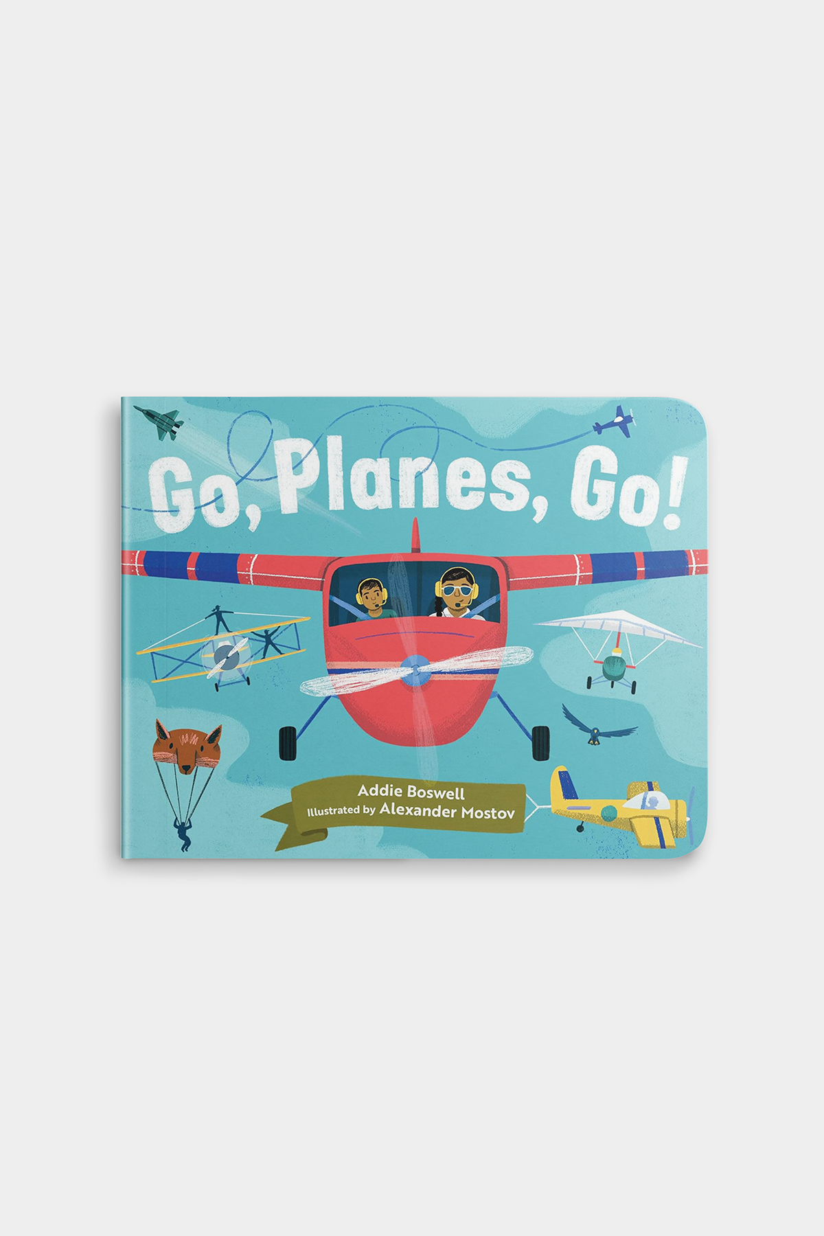 Children's book titled 'Go, Planes, Go!' with airplane illustrations on a blue background
