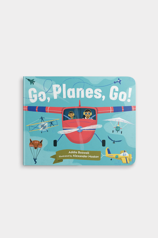 Children's book titled 'Go, Planes, Go!' with airplane illustrations on a blue background