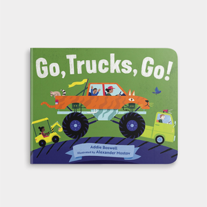 Children's book titled 'Go, Trucks, Go!' with colorful illustrations on a green background