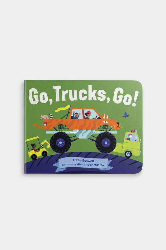 Children's book titled 'Go, Trucks, Go!' with colorful illustrations on a green background