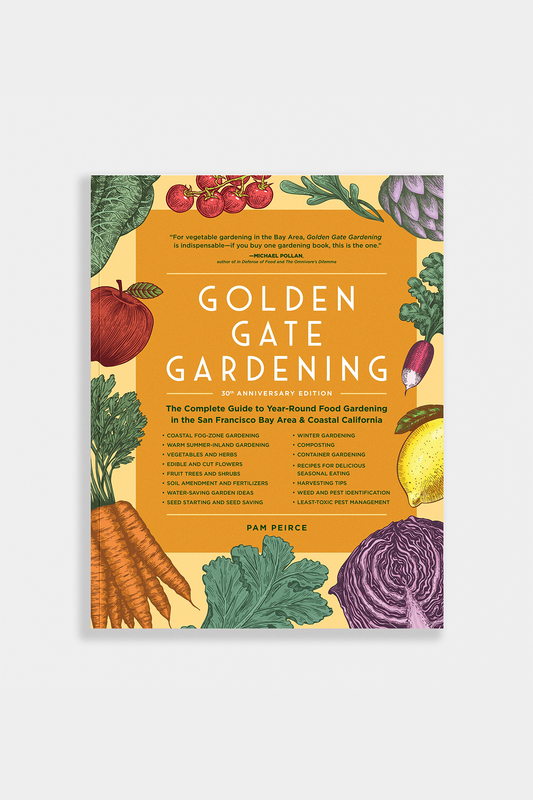 Book cover of 'Golden Gate Gardening' with illustrations of vegetables on a yellow background