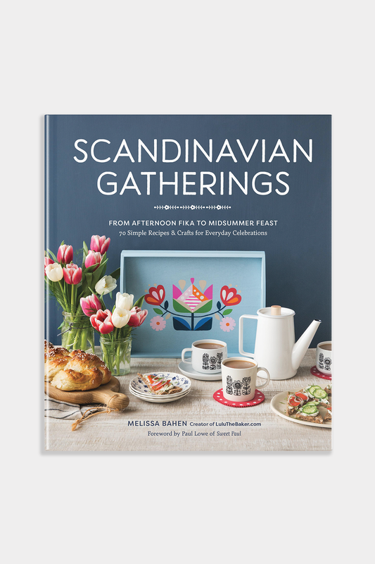 Book titled 'Scandinavian Gatherings' with a table setting on the cover