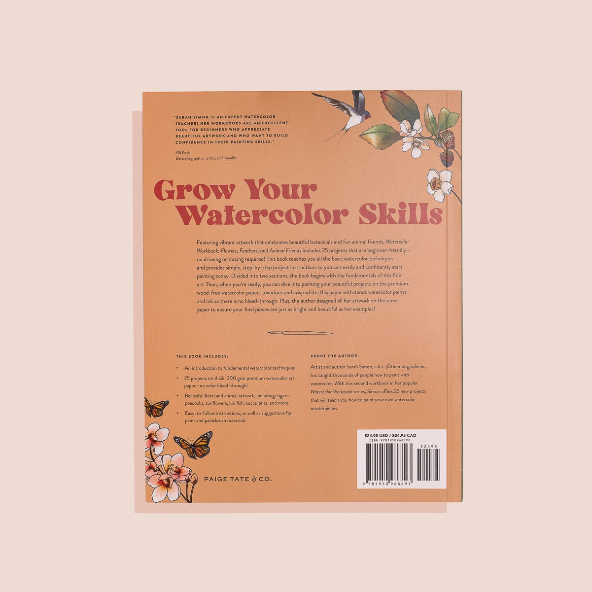 Bookback with 'Grow Your Watercolor Skills' text and floral illustrations on a beige background