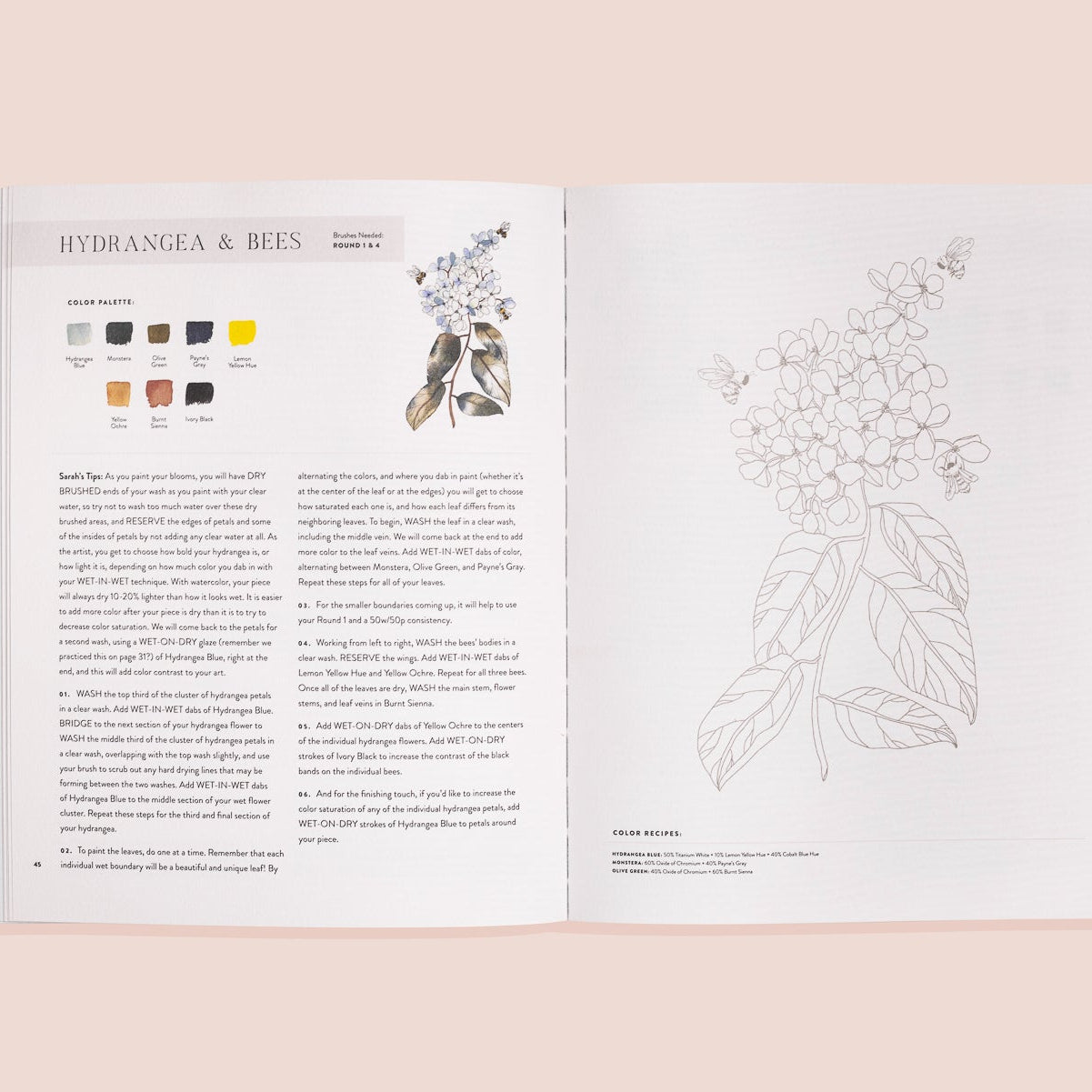 Open book showing pages with illustrations of hydrangea and bees on a light pink background