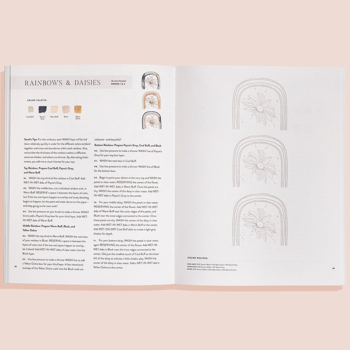 Open book with text and design elements on a light pink background