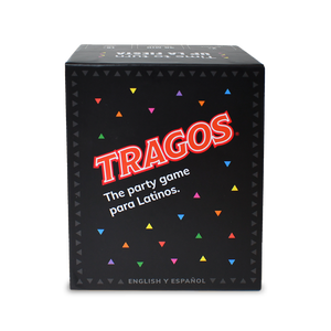 Box of 'TRAGOS' party game for Latinos with colorful triangle patterns on a black background.