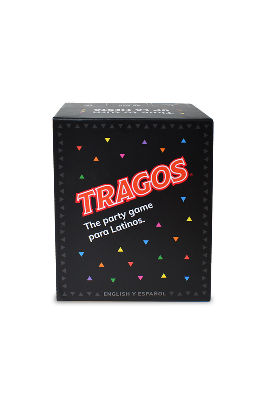 Box of 'TRAGOS' party game for Latinos with colorful triangle patterns on a black background.